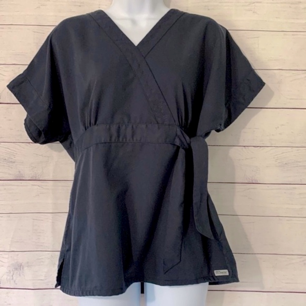 Grey’s Anatomy Charcoal Gray Faux Wrap Tie Short-Sleeve Scrub Top